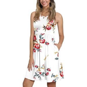 White Floral Sleeveless Casual Swing Mini Dress with Pockets